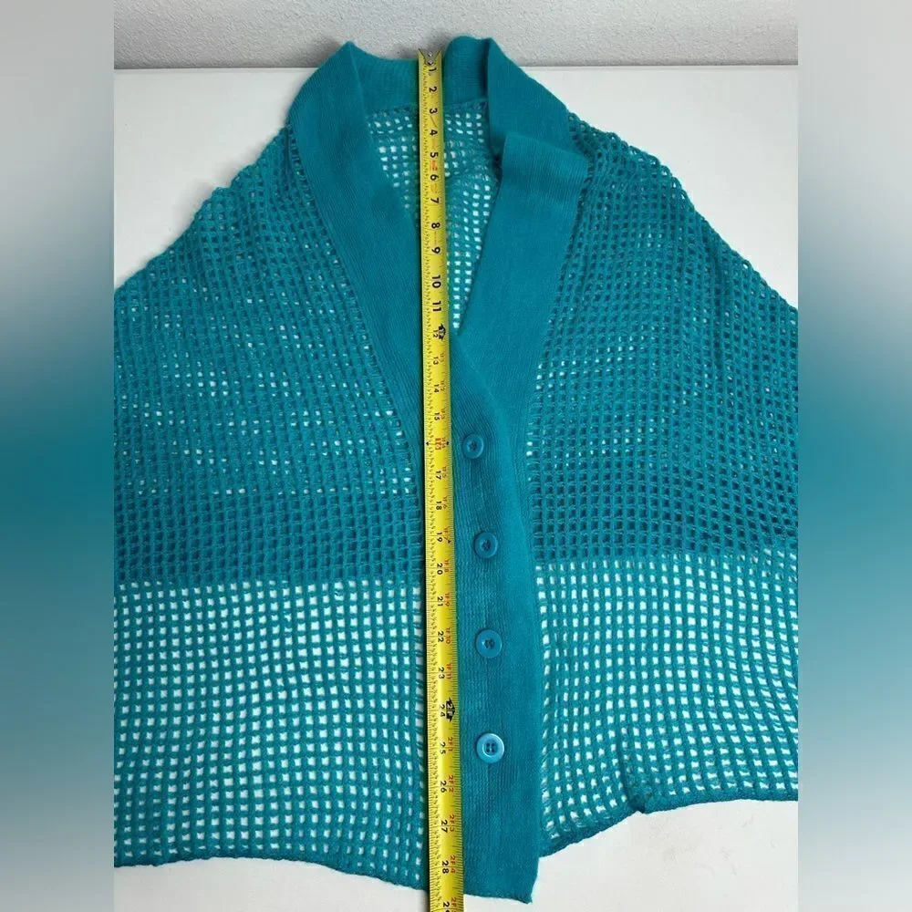 Fishnet Knit Button Up Cardishawl, Teal, Blue, OS